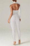 White Sexy Casual Solid Backless Asymmetrical Oblique Collar Skinny Jumpsuits