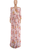 Pink Sweet Print Patchwork V Neck Long Sleeve Dresses