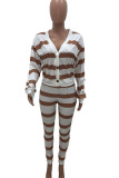 Beige Casual Striped Print Patchwork Buckle V Neck Long Sleeve Two Pieces