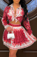 Red Sexy Print Patchwork Turndown Collar Long Sleeve Two Pieces