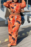 Orange Fashion Casual Print Basic Hooded Collar Long Sleeve Two Pieces
