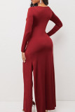Red Sexy Solid Hollowed Out Patchwork Long Sleeve Two Pieces