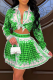 Green Sexy Print Patchwork Turndown Collar Long Sleeve Two Pieces