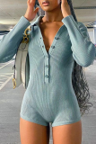 Blue Sexy Solid Patchwork Turndown Collar Skinny Rompers