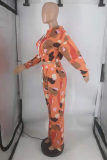 Orange Fashion Casual Print Basic Hooded Collar Long Sleeve Two Pieces