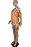 Yellow Sexy Print Patchwork Turndown Collar Long Sleeve Two Pieces