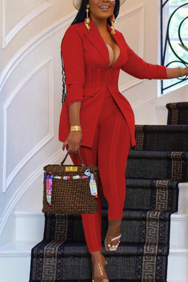 Red Casual Solid Patchwork Turn-back Collar Long Sleeve Two Pieces
