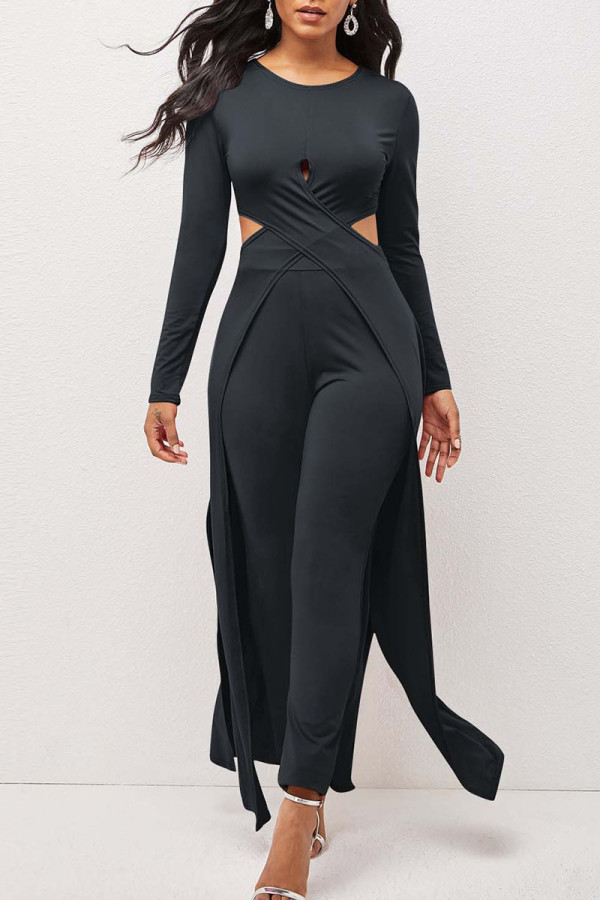 Black Sexy Solid Hollowed Out Patchwork Long Sleeve Two Pieces