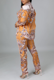Yellow Sexy Print Patchwork Turndown Collar Long Sleeve Two Pieces