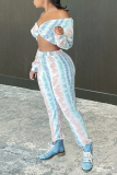 Multicolor Sexy Patchwork Tie-dye V Neck Long Sleeve Two Pieces