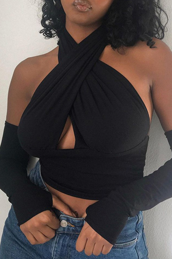 Black Sexy Solid Patchwork Halter Tops