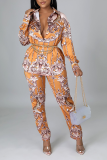Yellow Sexy Print Patchwork Turndown Collar Long Sleeve Two Pieces