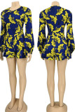 Yellow Fashion Print Patchwork Flounce O Neck Straight Rompers