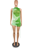 Green Sexy Solid Mesh Half A Turtleneck Pencil Skirt Dresses