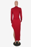 Red Fashion Casual Solid Beading Asymmetrical O Neck Long Sleeve Dresses