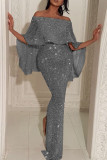 Pink Fashion Sexy Solid Patchwork Slit Off the Shoulder Evening Dress