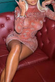 Red Fashion Sexy Print See-through Turndown Collar Long Sleeve Dresses