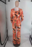 Orange Fashion Casual Print Basic Hooded Collar Long Sleeve Two Pieces