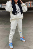 White Casual Print Patchwork Hooded Collar Long Sleeve Two Pieces