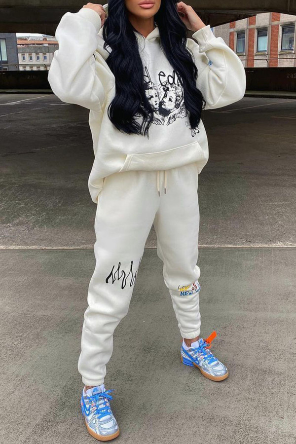 White Casual Print Patchwork Hooded Collar Long Sleeve Two Pieces