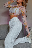 Multicolor Fashion Sexy Print See-through O Neck Tops