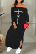 Black Casual Print Patchwork Slit Off the Shoulder Straight Dresses