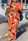 Orange Fashion Casual Print Basic Hooded Collar Long Sleeve Two Pieces