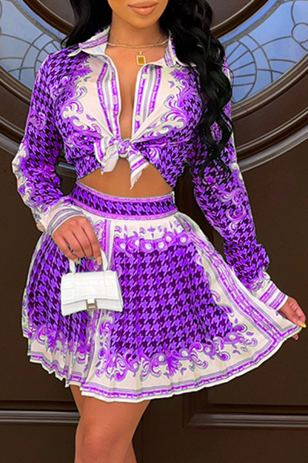 Purple Sexy Print Patchwork Turndown Collar Long Sleeve Two Pieces