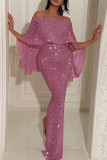 Pink Fashion Sexy Solid Patchwork Slit Off the Shoulder Evening Dress