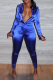Blue Sexy Patchwork Turndown Collar Long Sleeve Two Pieces