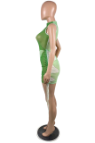 Green Sexy Solid Mesh Half A Turtleneck Pencil Skirt Dresses