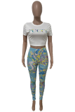 Blue Sexy Print Patchwork O Neck Short Sleeve Two Pieces