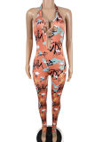 Orange Sexy Print Hollowed Out Halter Skinny Jumpsuits