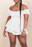 White Casual Solid Patchwork Fold U Neck Regular Rompers