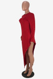 Red Fashion Casual Solid Beading Asymmetrical O Neck Long Sleeve Dresses