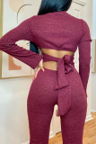 Red Sexy Solid Hollowed Out V Neck Skinny Jumpsuits