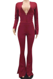 Red Sexy Solid Hollowed Out V Neck Skinny Jumpsuits