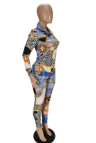 Colour Sexy Print Patchwork Turndown Collar Long Sleeve Two Pieces