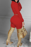 Red Sexy Solid Hollowed Out Patchwork Half A Turtleneck Long Sleeve Two Pieces