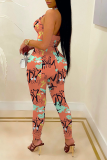 Orange Sexy Print Hollowed Out Halter Skinny Jumpsuits