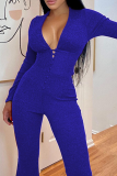 Red Sexy Solid Hollowed Out V Neck Skinny Jumpsuits