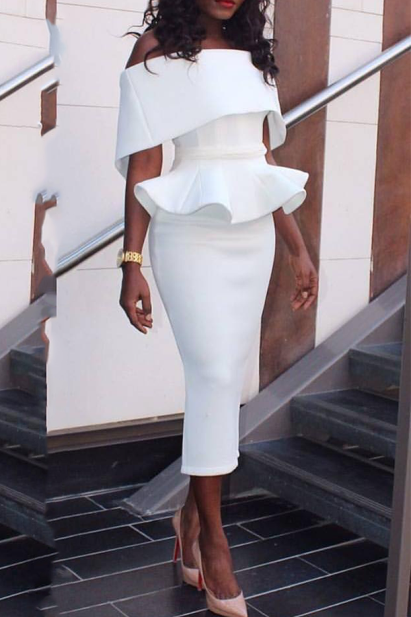 White Sexy Solid Flounce Off the Shoulder Pencil Skirt Dresses