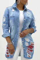 Light Blue Casual Solid Ripped Turndown Collar Plus Size Overcoat