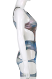 Blue Sexy Print Hollowed Out Halter Sleeveless Two Pieces