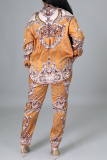 Yellow Sexy Print Patchwork Turndown Collar Long Sleeve Two Pieces