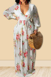 Pink Sweet Print Patchwork V Neck Long Sleeve Dresses
