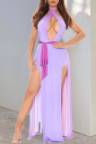 Yellow Sexy Gradual Change Hollowed Out Patchwork Backless High Opening Halter Straight Dresses