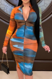 Blue Sweet Print Split Joint V Neck Pencil Skirt Dresses