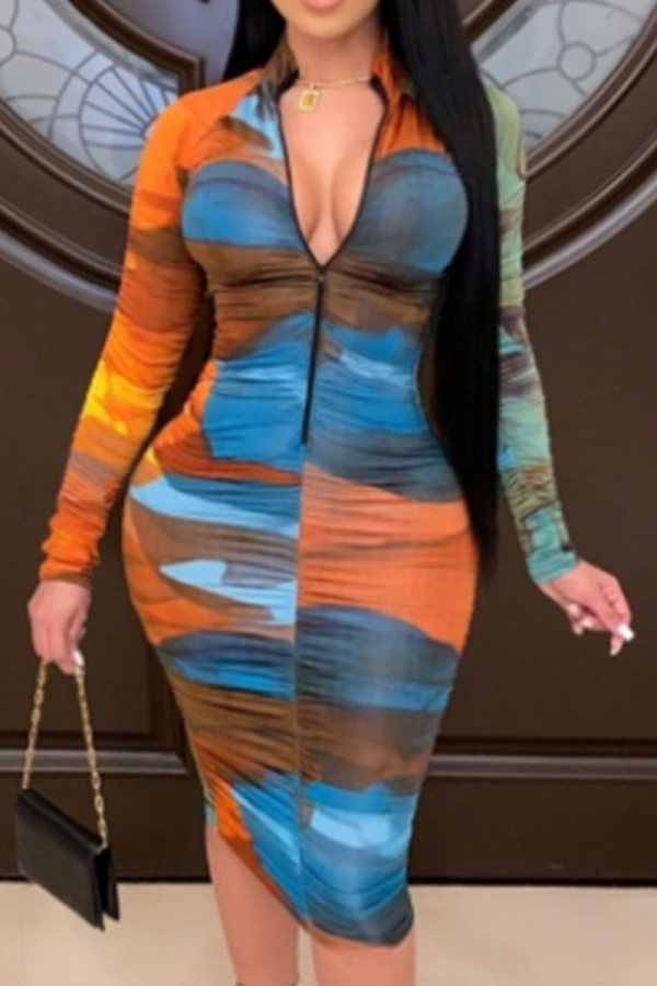 Blue Sweet Print Split Joint V Neck Pencil Skirt Dresses