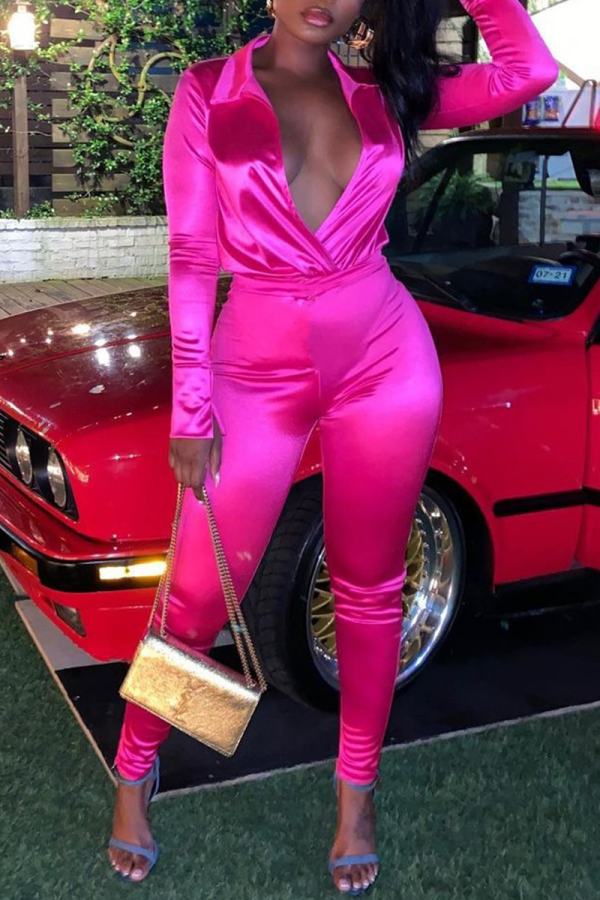 Pink Sexy Patchwork Turndown Collar Long Sleeve Two Pieces